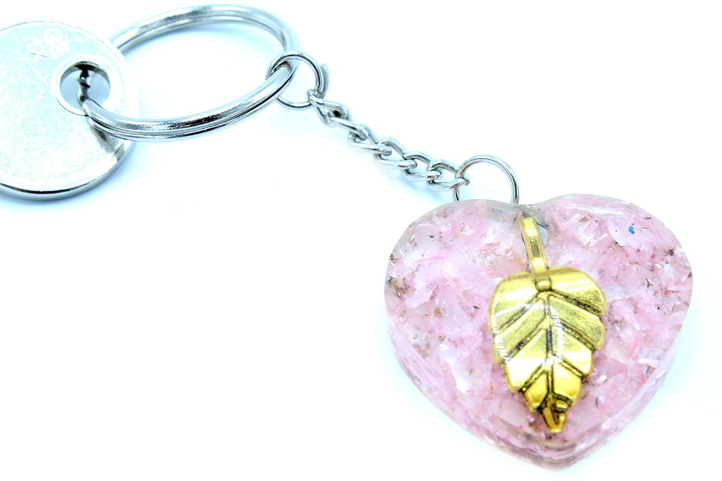 Orgonite Power Keyring – Rose Quartz Hearts with Golden Leaf