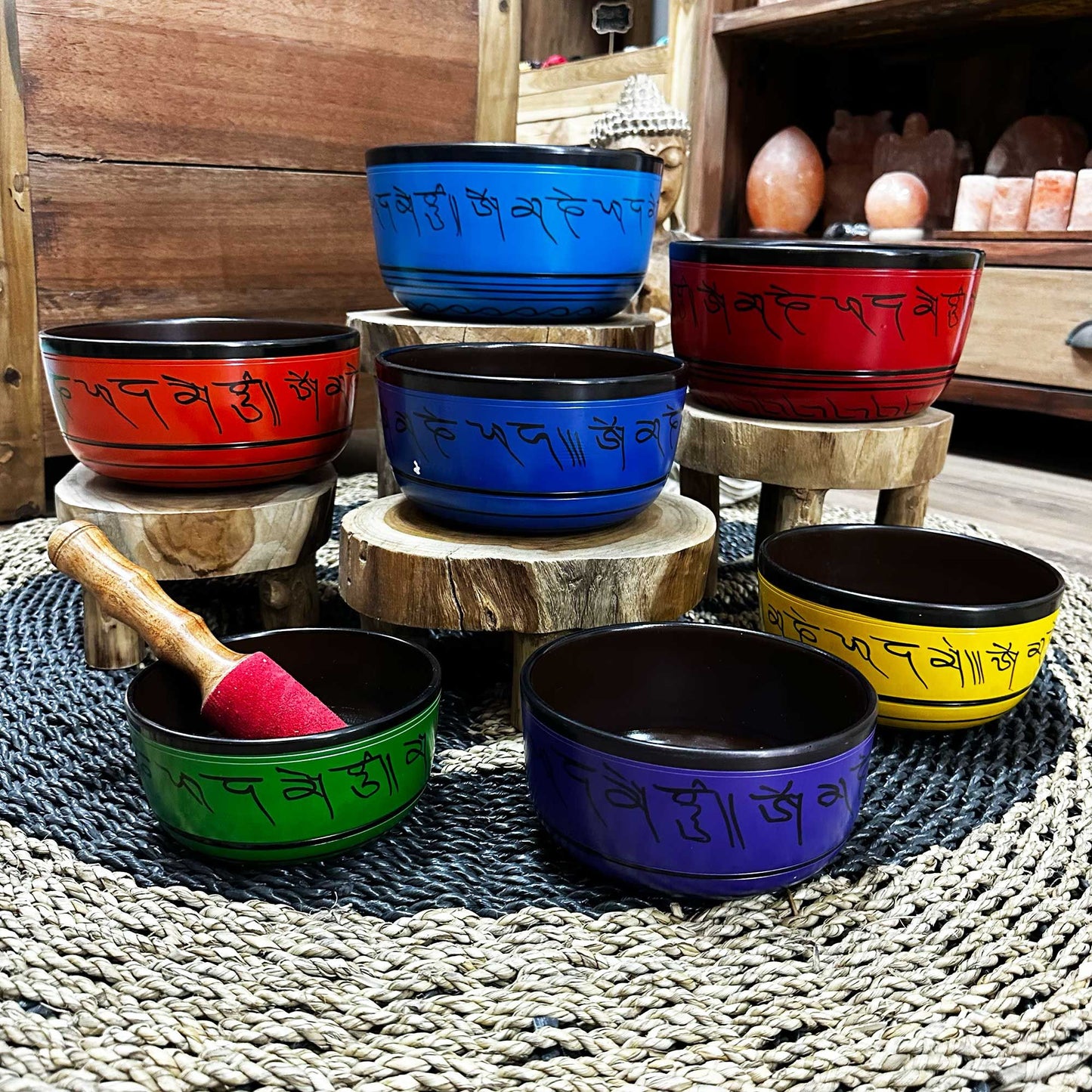 Small Chakra Singing Bowl Set (7 Pieces, 14–22cm) – Handcrafted Brass Meditation Bowls