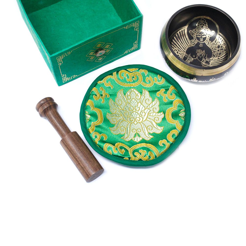 Green Tara Singing Bowl Gift Set – 10cm Handmade in Nepal
