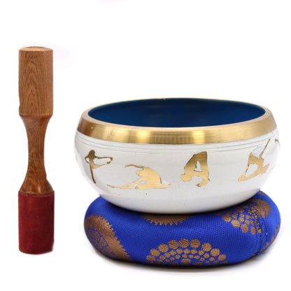 Large Yoga Moves Singing Bowl Set – White & Blue Handcrafted Brass Meditation Bowl (14 cm)