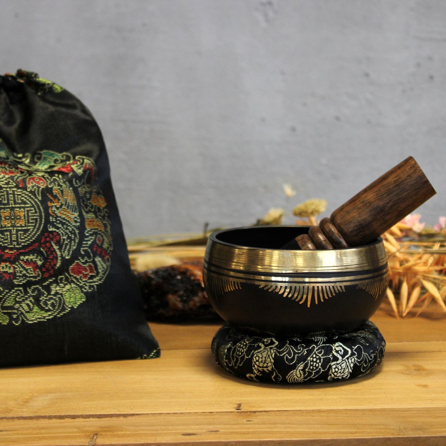 Flower of Life Singing Bowl Set – 9cm Handmade with Mallet, Cushion & Case (715Hz)