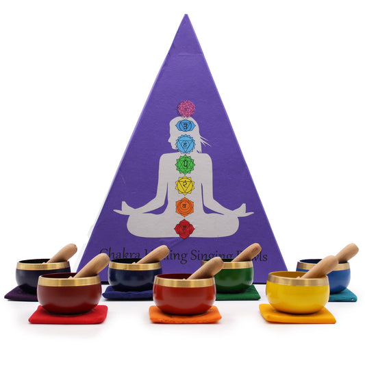 Chakra Pyramid Singing Bowl Gift Set – 7 Singing Bowls with Mallet & Cushion in Pyramid Box