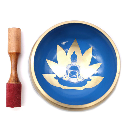 Large Yoga Moves Singing Bowl Set – White & Blue Handcrafted Brass Meditation Bowl (14 cm)