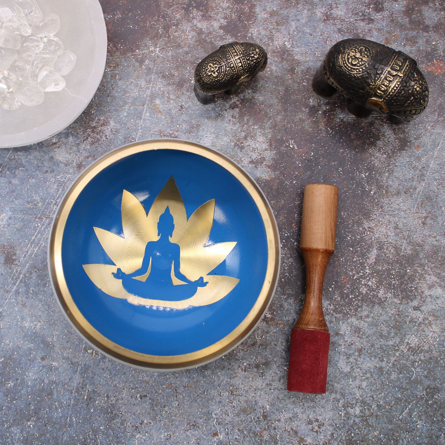 Large Yoga Moves Singing Bowl Set – White & Blue Handcrafted Brass Meditation Bowl (14 cm)
