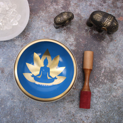 Large Yoga Moves Singing Bowl Set – White & Blue Handcrafted Brass Meditation Bowl (14 cm)