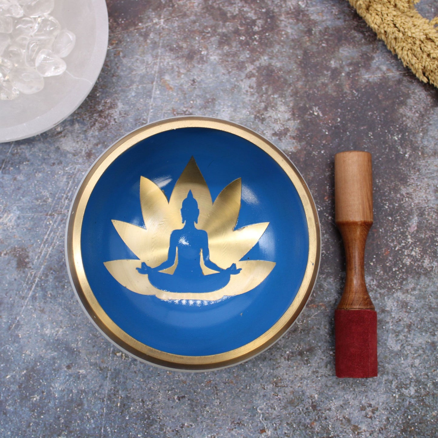 Large Yoga Moves Singing Bowl Set – White & Blue Handcrafted Brass Meditation Bowl (14 cm)