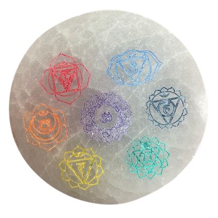 Selenite Charging Plate – 8cm Chakra Design (Colour)