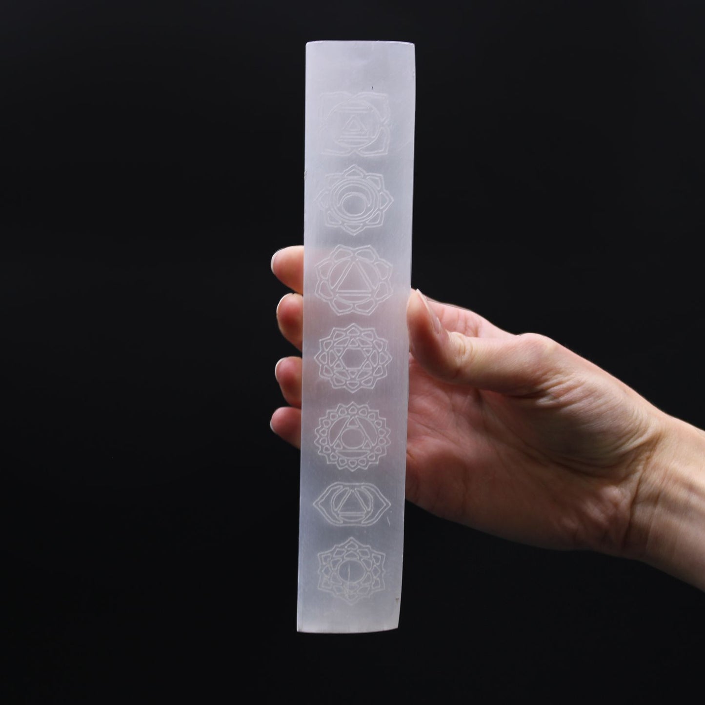 Selenite Flat Bar Charging Plate – 20cm Chakra Design