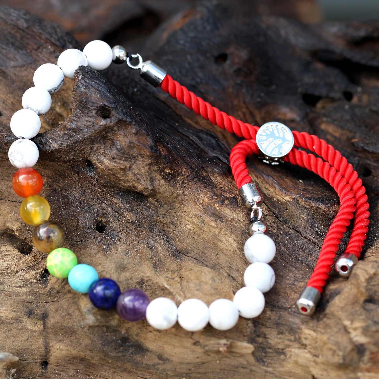 925 Silver Plated Red String Bracelet – White Howlite & Chakra Gemstones