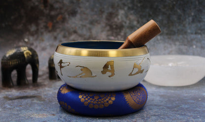 Large Yoga Moves Singing Bowl Set – White & Blue Handcrafted Brass Meditation Bowl (14 cm)