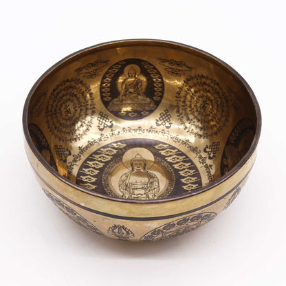 Tibetan Engraved Singing Bowl – 21cm Handcrafted Brass Bowl with 5 Buddhas Design