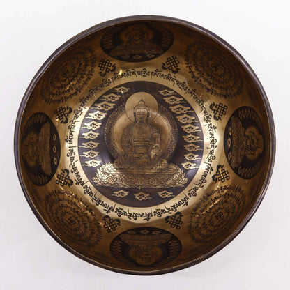 Tibetan Engraved Singing Bowl – 21cm Handcrafted Brass Bowl with 5 Buddhas Design