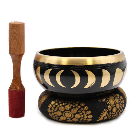 Large Moon Phase Singing Bowl Set – 14cm Black Brass Meditation Bowl with Cushion & Mallet