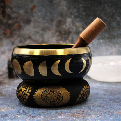 Large Moon Phase Singing Bowl Set – 14cm Black Brass Meditation Bowl with Cushion & Mallet