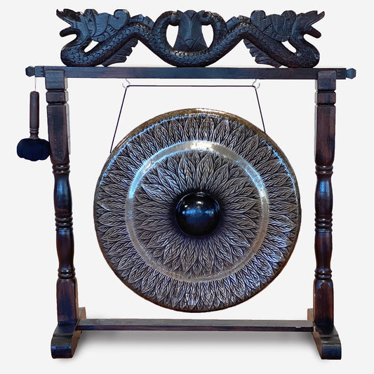 Large Gong in Brown Antique Stand – 80cm Black Pattern | Handmade in Bali