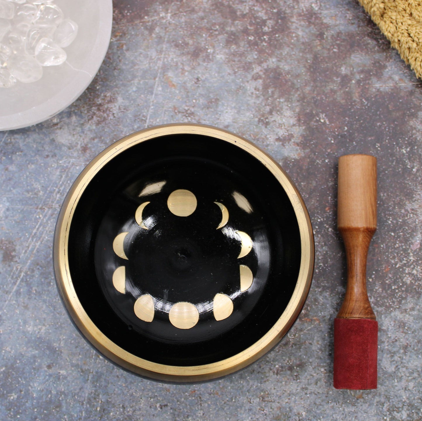 Large Moon Phase Singing Bowl Set – 14cm Black Brass Meditation Bowl with Cushion & Mallet
