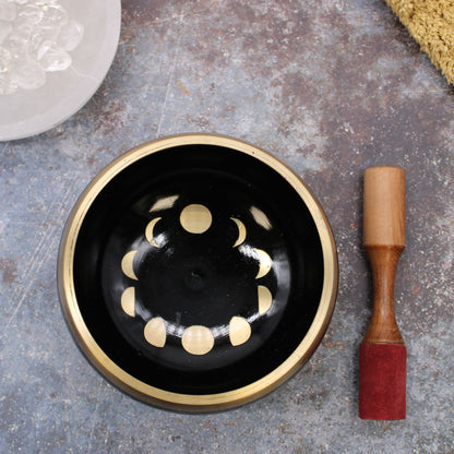 Large Moon Phase Singing Bowl Set – 14cm Black Brass Meditation Bowl with Cushion & Mallet