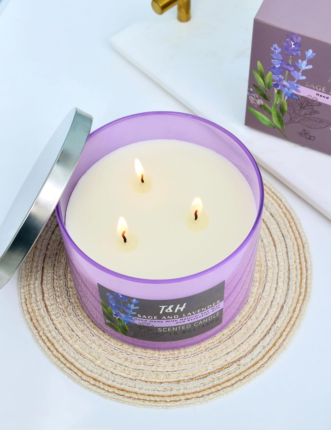 Sage Lavender Cedar Candle 3 Wick | Large Scented Candle for Home 15.8 Oz | Energy Cleansing Candle, Sage Candle | Natural Soy Candle Clean Burn | Lavender Candle Aromatherapy, Gift for Women & Men