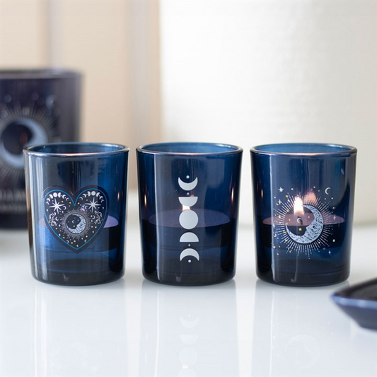 Moon-Themed Glass Votive Candle Holder Set (3 Pack) – For Celestial Rituals & Décor