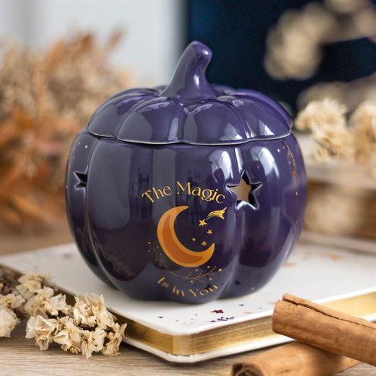 Midnight Blue Pumpkin Oil Burner – Autumn Ceramic Wax & Fragrance Diffuser with Golden Moon & Stars