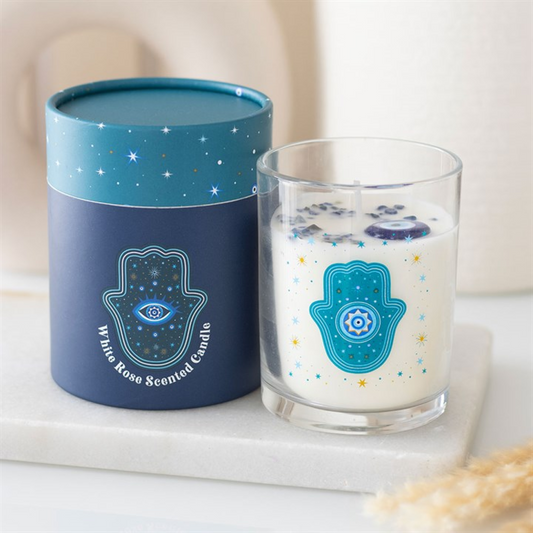 Hand of Hamsa Crystal Candle – White Rose Scent, 48hr Burn