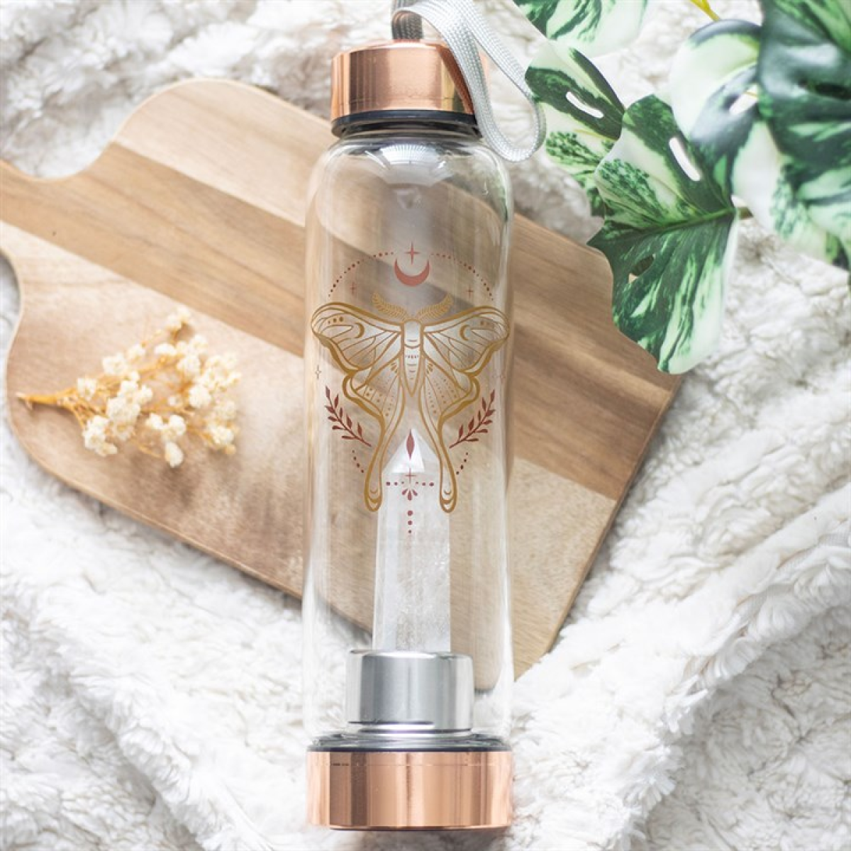 Clear Quartz Crystal Glass Water Bottle – Luna Moth Design 500ml Mindful Hydration Bottle