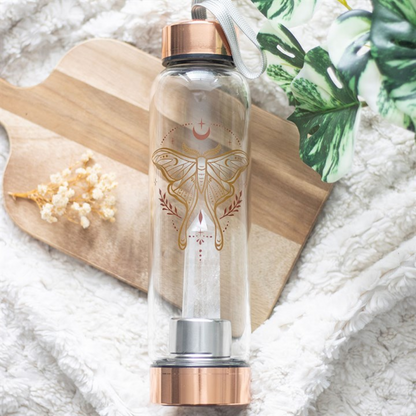 Clear Quartz Crystal Glass Water Bottle – Luna Moth Design 500ml Mindful Hydration Bottle
