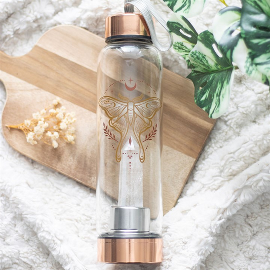Clear Quartz Crystal Glass Water Bottle – Luna Moth Design 500ml Mindful Hydration Bottle