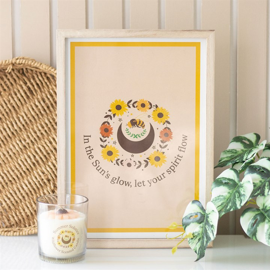 Summer Solstice Framed Print – Bee, Sunflowers & Moon Rustic Wall Art