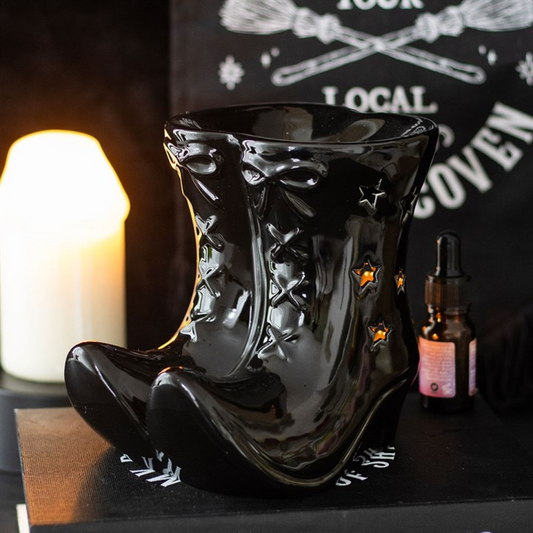 Witch Boots Oil Burner – Black Ceramic Aroma Burner with Star Cut-outs