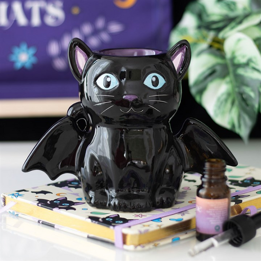 Bat Cat Oil Burner & Wax Warmer – Mystical Black Cat with Wings for Gothic Magic & Enchanting Aromatherapy