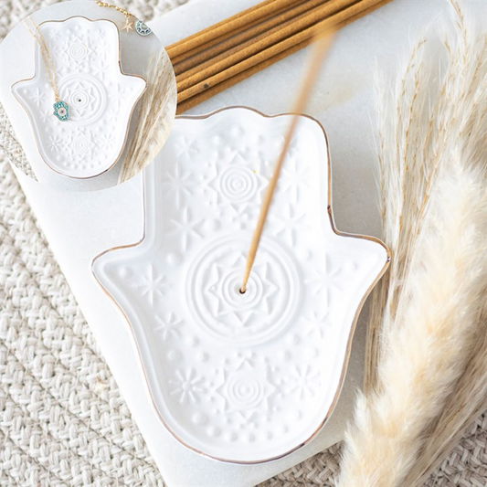 White Ceramic Hand of Hamsa Incense Holder – Protection, Peace & Spiritual Harmony