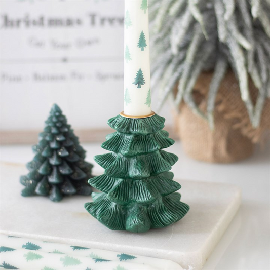 Green Fir Tree Candle Holder with Taper Candle – Festive Centrepiece for Winter Décor & Seasonal Rituals