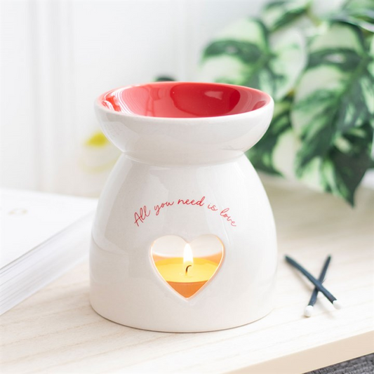 White Ceramic Heart Oil Burner – “All You Need is Love” Wax & Fragrance Diffuser for Romance & Harmony