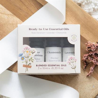 Set of 3 Floral Essential Oils – Rose Geranium, Lavender & Chamomile | Relaxation, Rituals & Aromatherapy
