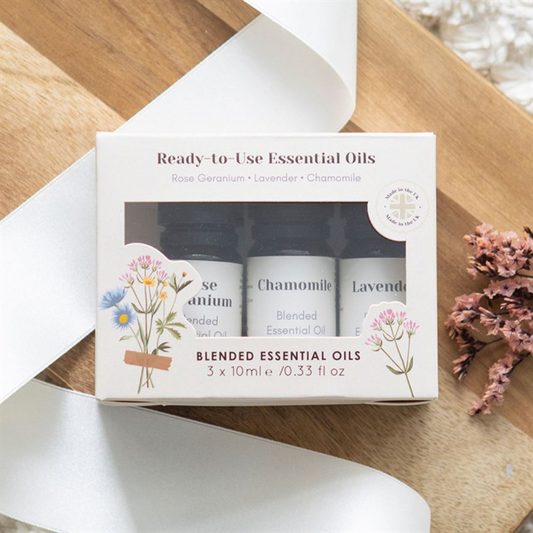 Set of 3 Floral Essential Oils – Rose Geranium, Lavender & Chamomile | Relaxation, Rituals & Aromatherapy