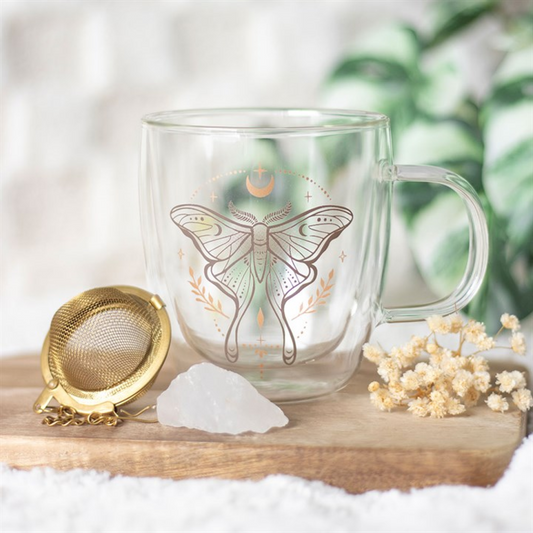 Luna Moth Glass Mug with Clear Quartz Infuser – Double-Walled Design