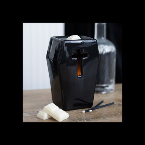 Black Coffin Oil Burner with Cut-Out Cross – Gothic Home & Ritual Aroma Décor