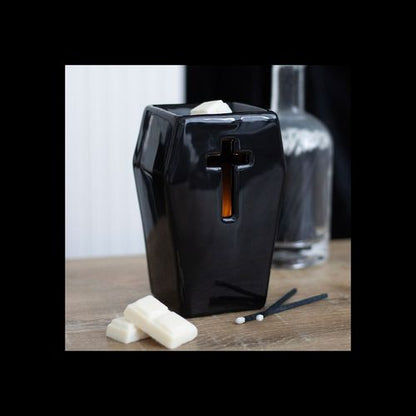 Black Coffin Oil Burner with Cut-Out Cross – Gothic Home & Ritual Aroma Décor